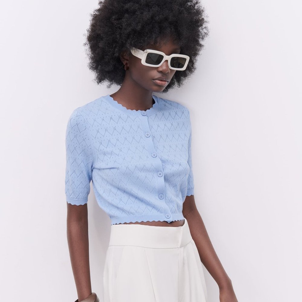 Zara Pointelle Knit Jacket Blue - REF 9598/077